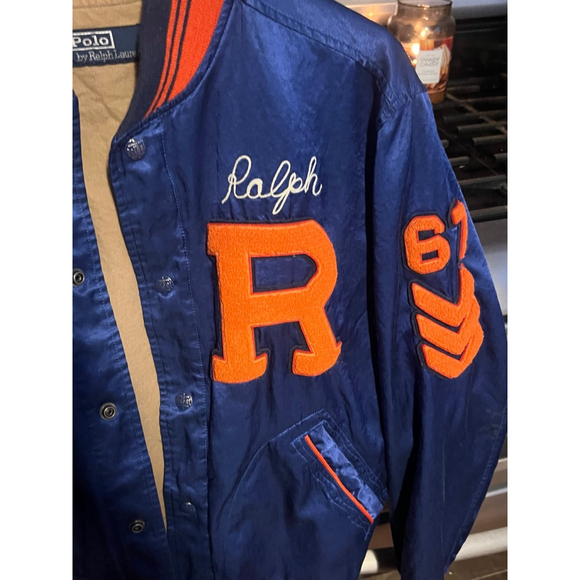 Polo Ralph Lauren Varsity Bomber Satin Jacket Mens Medium Blue Chenille - Picture 4 of 11